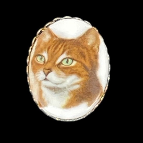 Unbranded Jewelry - Vintage Orange Tabby Cat Porcelain Brooch Pin Gold Filigree Oval Figural 1.5"